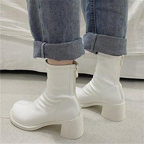 Women Ankle Boots Fashion PU Leather Booties High Heels Ladies Round Toe Shoes Back Zipper Short Boots For Female Pumps White