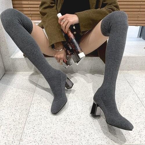 Black Elastic Flock Slim Fit Over The Knee Boots Women 2021 Autumn Winter Ladies High Heel Warm Fur Plush Long Thigh High botas