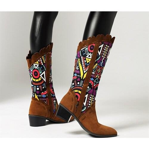 Retro Western Platform Cowboy Boots for Women Pointed Toe Women Shoes Brand printing Flock Leather Mid-calf Boots Chunky Wedges