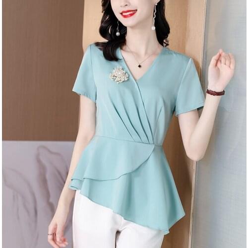 2021 Short Sleeve V-Neck Chiffon Top Women Summer Pleated High Waist Plus Size Irregular Ruffle Elegant Female T-shirt M-4XL