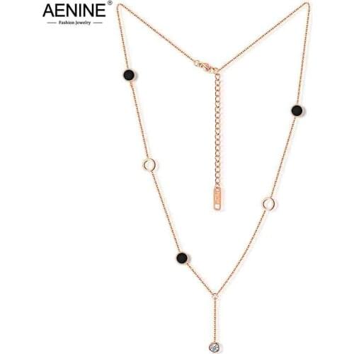 AENINE Trendy Rose Gold Color Round Circle Tassel Necklace Stainless Steel Cubic Zirconia Chains Necklace Jewelry Collar AN17060