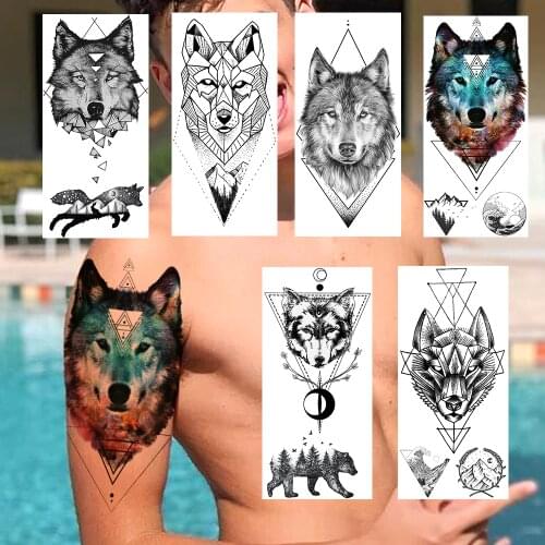 Watercolor Wolf Temporary Tattoos Sticker For Women Men Fake Waterproof Body Art Arm Tatoos Geometric Mountain Planets Tattoos
