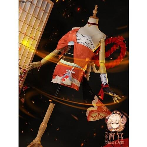 Anime! Genshin Impact Yoimiya Frolicking Flames Elegant Uniform Cosplay Costume Halloween Party Role Play Outfit Women 2021 NEW