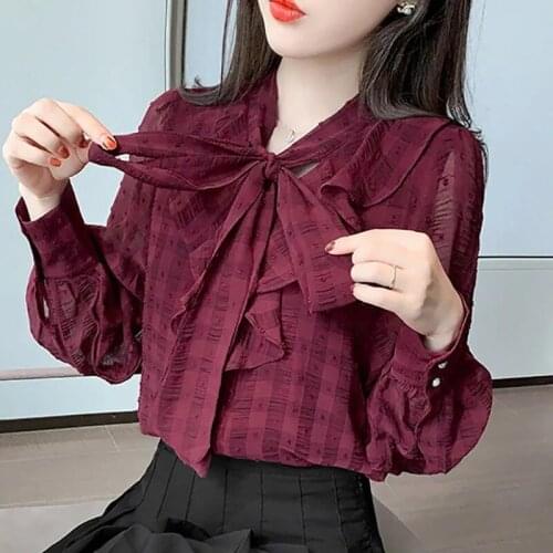 Plus size 4XL Womens Summer Office work Long Sleeve Bow Chiffon fashion elegant Blouses Female Burgundy Beige Shirts LU2017