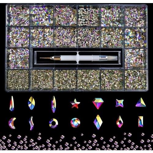 Big Box Rhinestone Professional Nail Crystal Kit, Multi Shapes Glass Crystal AB Rhinestones for Nail Art Craft Mix Sizes Non Gem