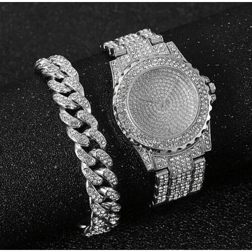 Watch + Bracelet for Women Cuban Chain Charm Bracelet Iced Out Watch for Women Fashion Luxury Gold Watch Set Jewelry Set Relojes