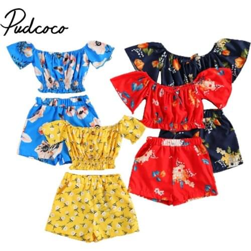 Infant Kids Baby Floral Print Clothes Set, Girls Short Sleeve Off-shoulder Tops with Buttons + Elastic Waist Short Pants 1-5T