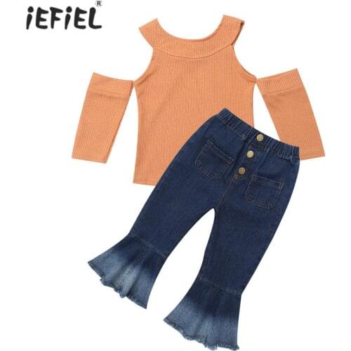 Kids Girls Clothes Set Off Shoulder Open Sleeve Knitted Tops Jeans Flared Pants Trousers Fashion Spring Autumn Clothing Suit