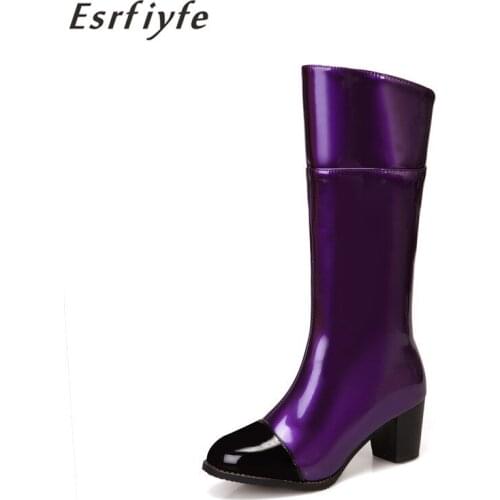 ESRFIYFE Winter Boots Women Knee High Boots Warm Boots New Fashion Patent Leather Women Shoes Round Toe High Heel Black Ladies