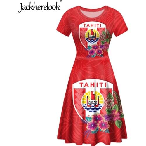 Jackherelook Tahiti Red Polynesian Hibiscus Plumeria Print Hot Hawaii Party Dress for Ladies Women Short Sleeves Swing Dresses