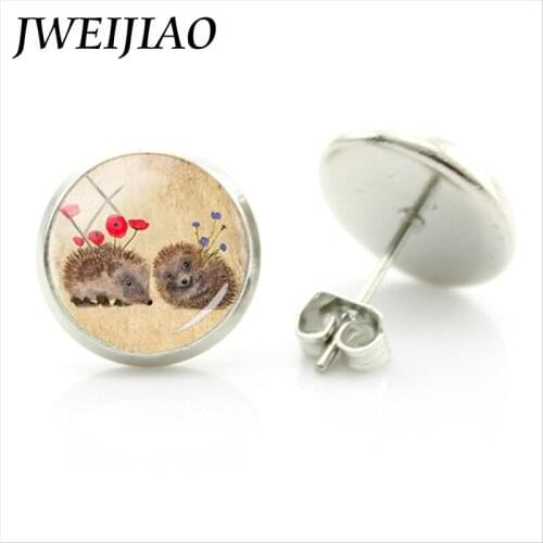 JWEIJIAO Hedgehog In The Fog Stud Earrings Animal Earrings Hedgepig Glass Ear Stud Earring Handmade Christmas gift H254