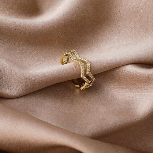 Luxury Trendy Simple Double Layered Wavy Crystal Geometric Adjustable Ring For Women Vintage Fashion Delicate Metal Jewelry