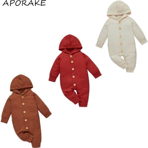 2021 3-18M Infant Baby Boy Girl Romper Spring Autumn Solid Color Button Fly Pockets Hooded Long Sleeve Jumpsuit Casual Outfit