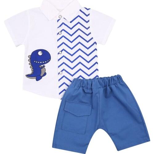 2021 2Pcs Fashionable Boy’s Clothes Two Piece Set Cartoon Monster Single-breasted Short Sleeve Shirt and Solid Color Short Pants