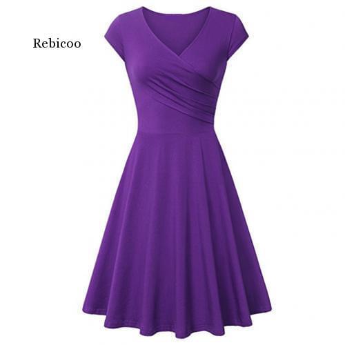 Fashion Elegant Dress Women Solid Color V Neck Short Sleeve Plated Swing Party Banquet Dress