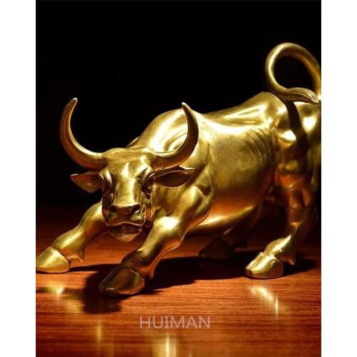 Wall Street Brass Fengshui Wealth Fierce Bull OX Statue Metal Crafts Family Decorations