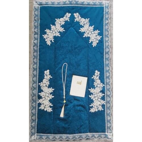 GREAT GIFT Petrol Blue French Lace Velvet Prayer Rug Dowry Bundle Set 3 Pcs ColorMuslim PRAYER COVER EASY TO US FREE SHİPPİNG