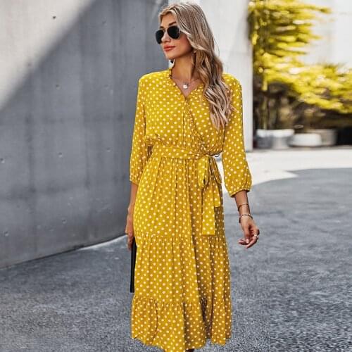 Casual Women Spring Summer Classic Dot Printing Dresses 2021 High Waist Fashion Dress V-Neck Lace Up Pleated Women Dress