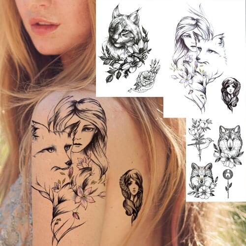 Realistic Fake Wolf Sexy Girl Temporary Tattoos For Women Black Cat Dog Peony Tattoo Sticker Flower Makeup Tools Washable Tatoos