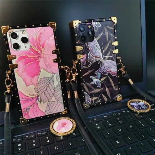 Luxury Brand Glitter Butterfly Flower Rope Lanyard Case for LG Stylo 5 7 Stylo5 Stylo6 K51 K61 Stylo 6 Bling Gold Square Cover