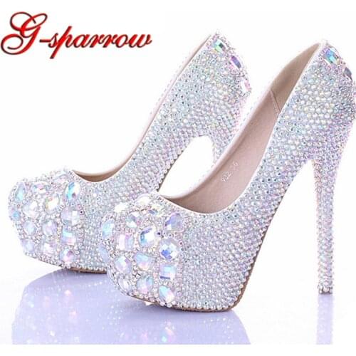 Stiletto Heel Wedding Shoes Luxury Sparkly AB Crystal Bride Formal Dress Shoes Platform Rhinestone Party Prom Heels Big Size 44
