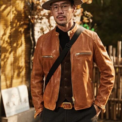 2020 Vintage leather jacket men Stand collar slim fit motorcycle jacket yellow brown sheepskin lether coat italy biker jacket