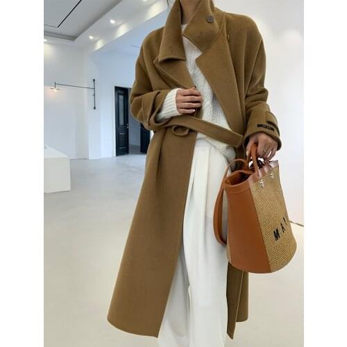 High-end stand-up collar windbreaker chest cut double-sided cashmere coat woolen coat female Korean version 21 new