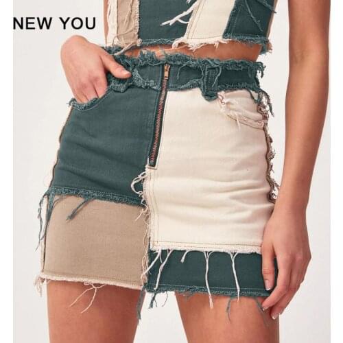 Women Skirt Hip Hop Girls Buttocks A-line Skirt Stitching Mid-waist Tassel Short Zippers Mini Denim Skirts Woman Skirts