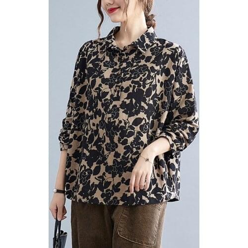 Women Cotton Linen Casual Shirts New Arrival 2021 Autumn Vintage Style Turn-down Collar Print Loose Female Long Sleeve Tops B979
