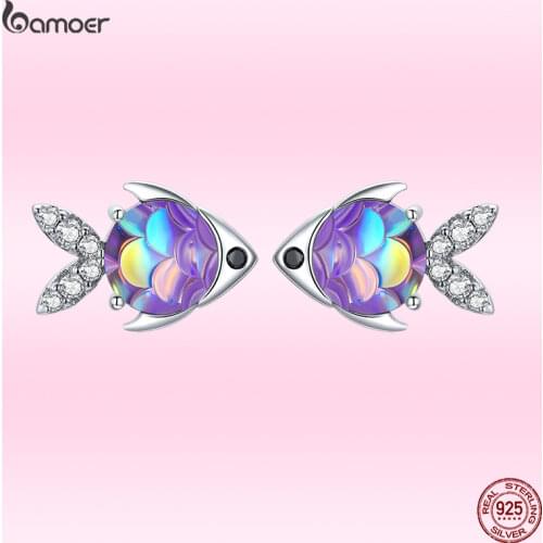 Bamoer 2021 Color Happy Fish Animal Ear Stud for Women Exquisite Zircon 100% 925 Sterling Silver Earrings Trendy Jewelry GXE1028