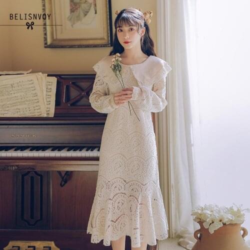 Mermaid Lace Dress Women Hollow Out Elegant Vestido Midi Sleeve Spring Office Retro Cute Robe De Soiree Casual Party Ropa Mujer