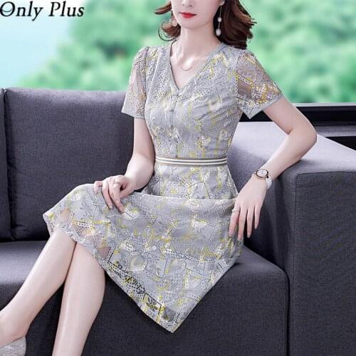 V-neck Short-Sleeved Lace Dress Summer Dress 2021 New Female Hollow Waist Long Skirt Chiffon Bohemian Print Elegant Gray Robe