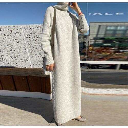 Turtleneck Sweater Dress Long Sleeve Female Thick Loose Knitted Vintage Femme Robe Korean Fall 2021 Women Clothing Winter Autumn
