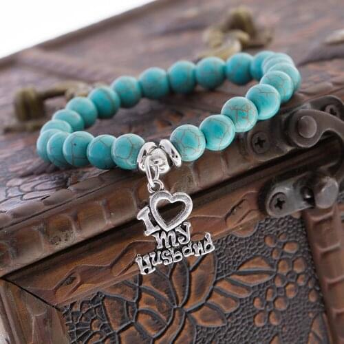 12PC/Lot I Love My Husband Heart Charms Natural Stone Blue Beads Bracelet Jewelry Gifts For Family Wife Boyfriend Bracelets Hot