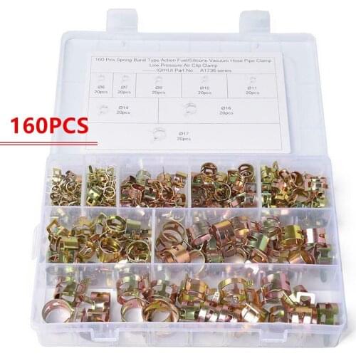 160Pcs/set Vacuum Spring Band Fuel Hose Clips Silicone Pipe Clamp Reusable Optional Clamp 6-17mm Air Tube Clamps Fastener Kit