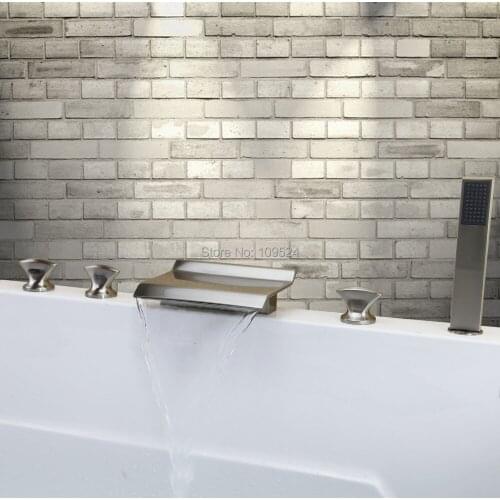 FREE SHIPPING 5Pcs widespread Brushed stain nickel tub waterfall faucet bathtub faucet with handshower