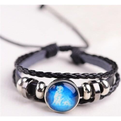 Animal Bracelets 12 Zodiac Sign Bracelets Punk Men Black Braided Leather Bracelet Woman Jewelry Gifts Wholesale