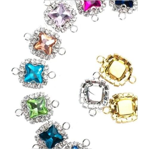 10pcs Bohemian Square Crystal Glass Beads Silver Gold Base Double Rings Pendant for Earrings Charm Bracelets Connector Jewellery