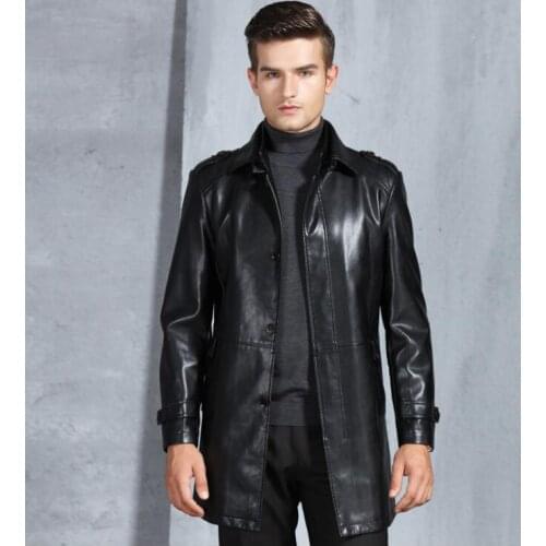 Black mens leather jacket slim motorcycle coat men jackets Business lapel clothes Mid-length jaqueta de couro street fashion