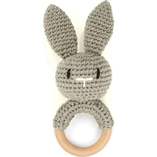 Baby Wooden Teether Ring DIY Crochet Bunny Rattle Soother Bracelet Infant Teething Molar Play Toys