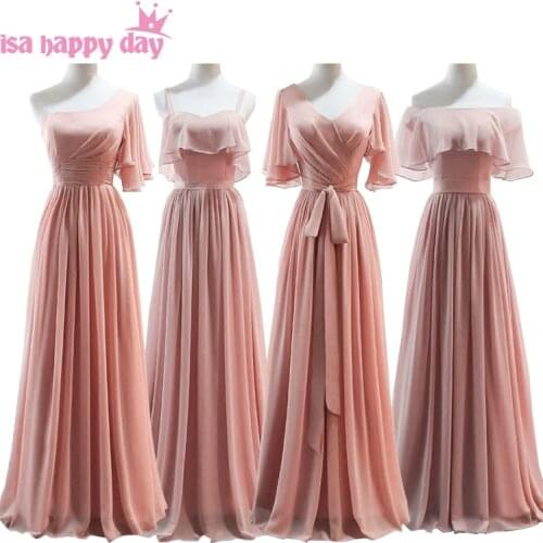 Dark pink blush long women chiffon v neck capped a line bridemaid long dress fitted bridesmaid dresses for wedding H4132