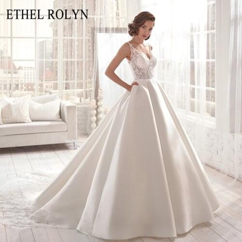 ETHEL ROLYN Sexy V-neck Luxury Satin Vintage Wedding Dress 2021 Romantic Lace Appliques Princess Wedding Gowns Vestido De Noiva