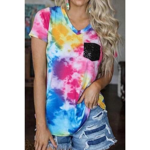 Summer Loose Tops Tee Casual Female Top Pocket T Shirt Women Tie Dye Short Sleeve V-neck Tops Tee Shirts