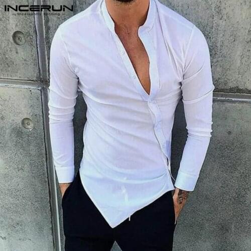 INCERUN 2021 Men Shirt Long Sleeve Solid Color Button Casual Irregular Tops Stand Collar Fashion Streetwear Fitness Camisa S-5XL