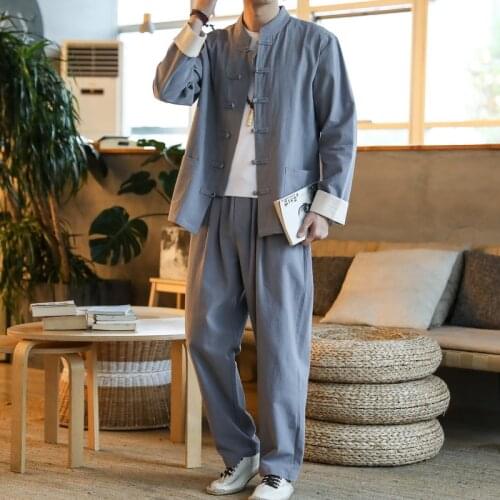 Jacket+ trousers) 2021 spring Chinese Style men jacket Cotton and linen jackets autumn mens High quality casual coat M-5XL