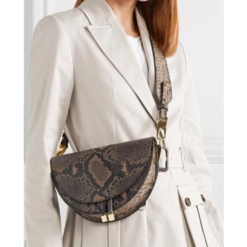 Fashion Snake pattern women shoulder bags clothing half circle coverd pu leather Ladies Messenger Bags trendy Saddle Bag handbag