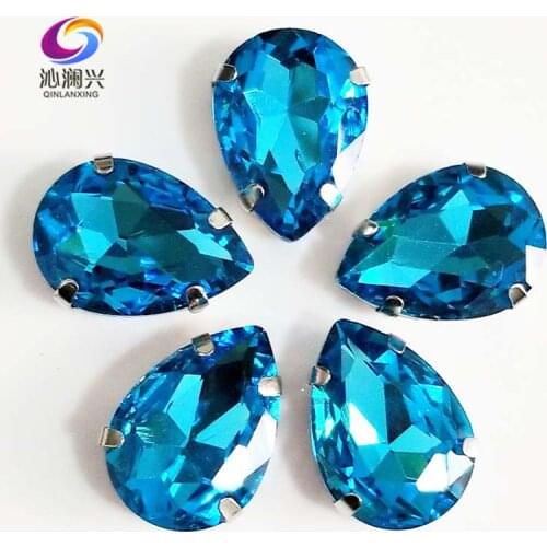 Lake blue teardrop shape High quality Glass Crystal flatback sew on claw rhinestones,Diy Clothing accessories SWS12