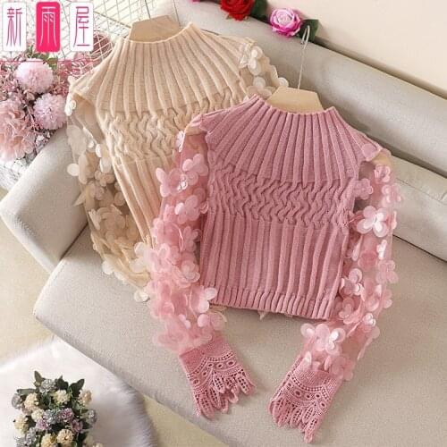 Fairy 3D Flowers Slim Short Crocheted Sweater Autumn Winter Mesh Stitching Stand Collar Long Lantern Sleeve Pullovers Crop Tops