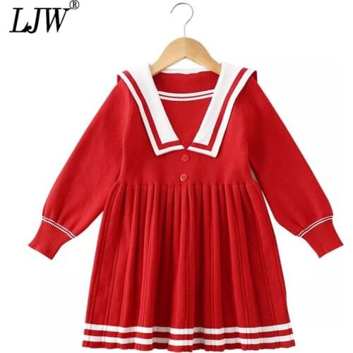 Christmas kids costume autumn Girls Dress of Girls Navy collar Party Sweater Knit dress winter children clothes from 2 to 7 y