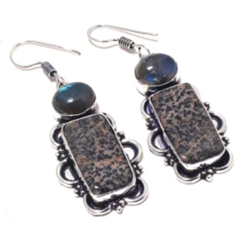 Honey Dendrite Opal Earrings Silver Overlay over Copper , 54 mm, E3886
